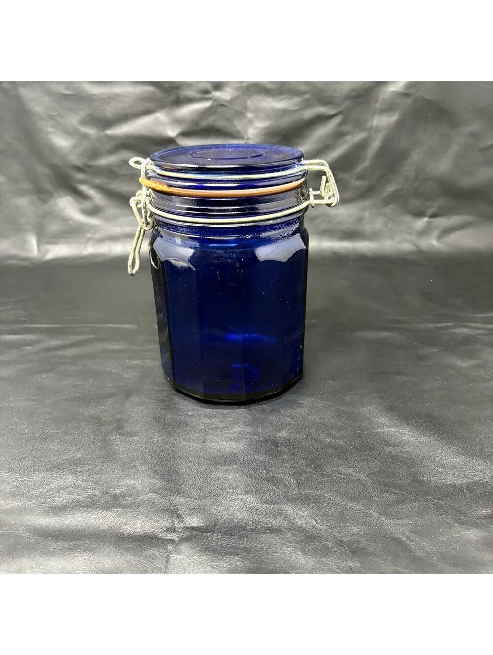 Cobalt Blue Jar Glass Storage Holder With Attached Wire Locking Lid 5 1/2” Tall